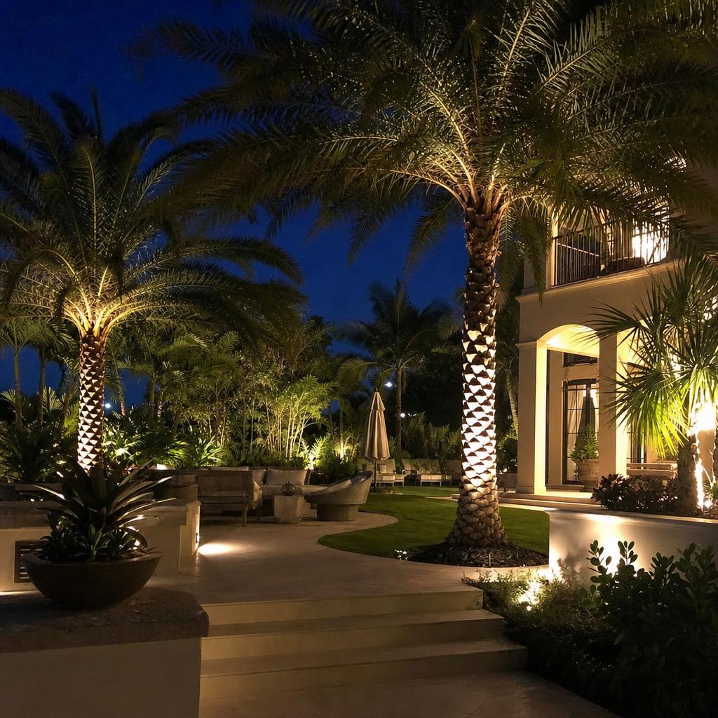 Palm trees and a walkway lit by low-voltage landscape lighting at dusk