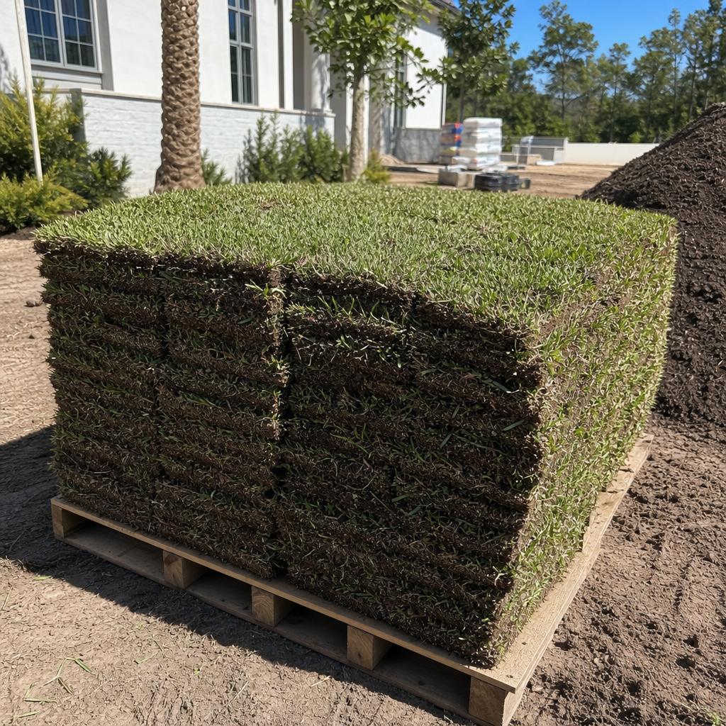 Pallet of fresh St. Augustine sod squares ready for installation on a prepared yard